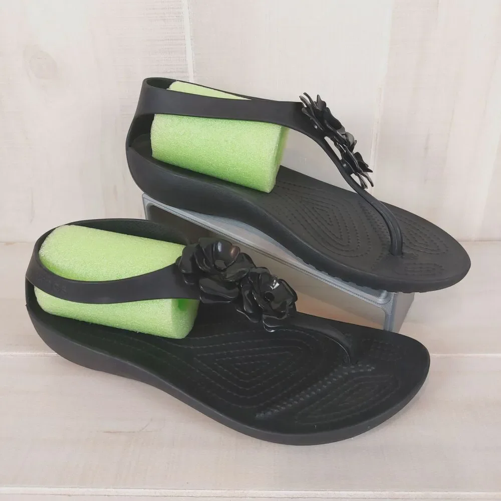 Crocs Serena Floral Embellish Sexi Flip Sandal Black Women 8 Flower T-Strap